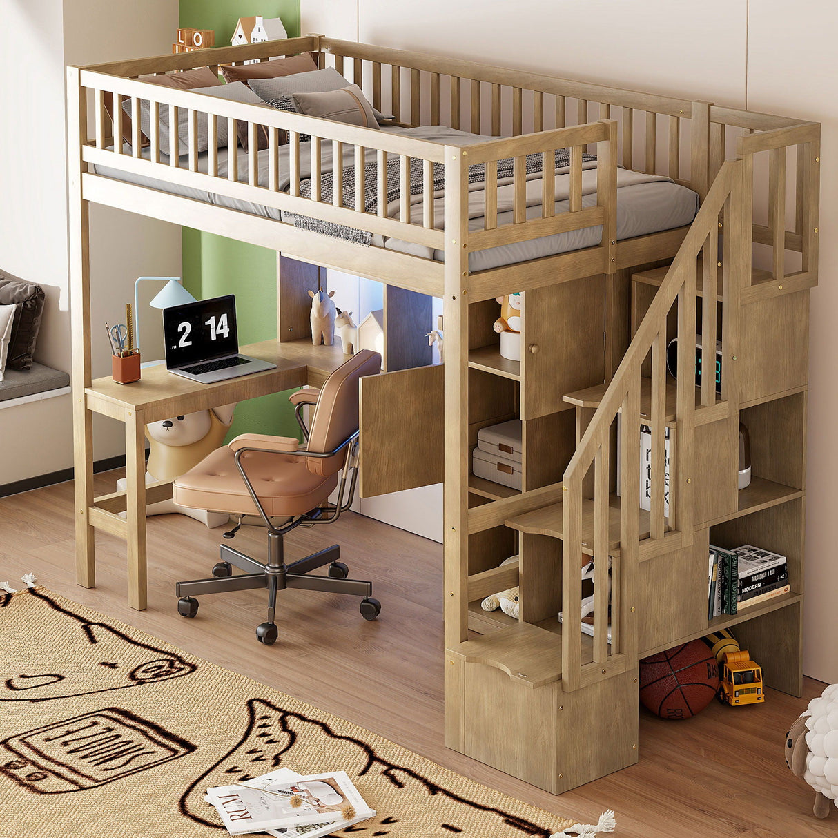 Loft Bed With Built In L Shaped Desk, LED Lights, Storage Shelves, Cabinets, And Staircase
