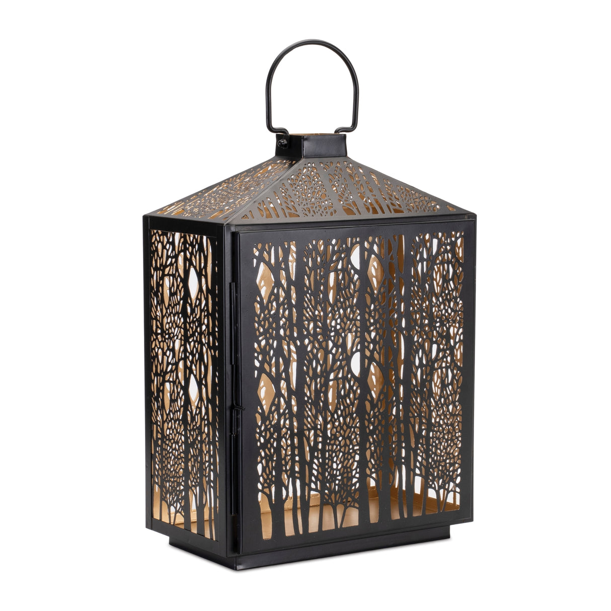 Forest cut metal lantern with gold accent 16"h