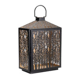 Forest cut metal lantern with gold accent 16"h