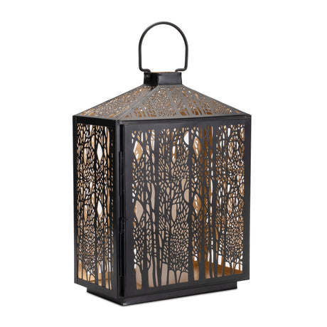 Forest cut metal lantern with gold accent 16"h