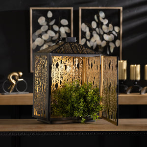 Forest Cut Metal Lantern with Gold Accent 16"H