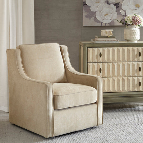 Upholstered Swivel Chair with Curved Armrest and Metal Base