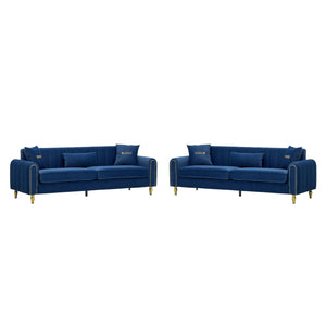 Vintage Blue Velvet 2-Piece Sofa Set