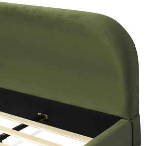 King Size Platform Bed with Velvet Fabric and Curved Headboard