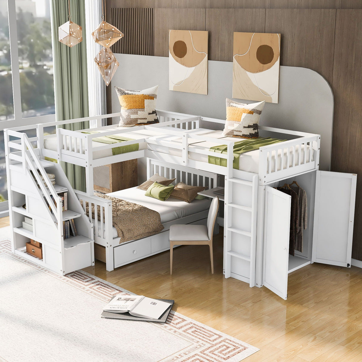 L Shaped Bunk Bed With 3 Drawers, Portable Desk And Wardrobe