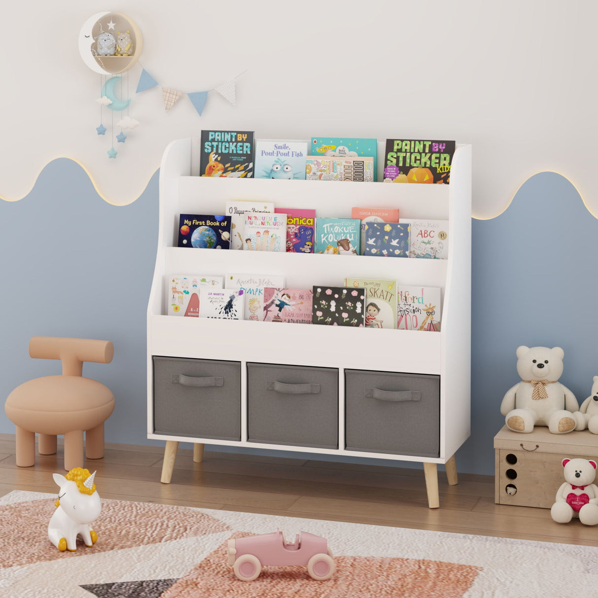 Bookshelf With 3 Storage Bins, Book Display Organizer, Front Facing Book Rack - White