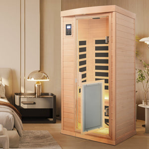 Low EMF, There is also a heating plate on the glass door, Hemlock wood Far-infrared indoor One person sauna room