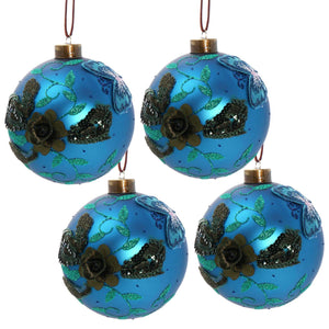 Light Blue Glass Christmas Ball Ornaments with Glitter Details - Set of 4 or 6
