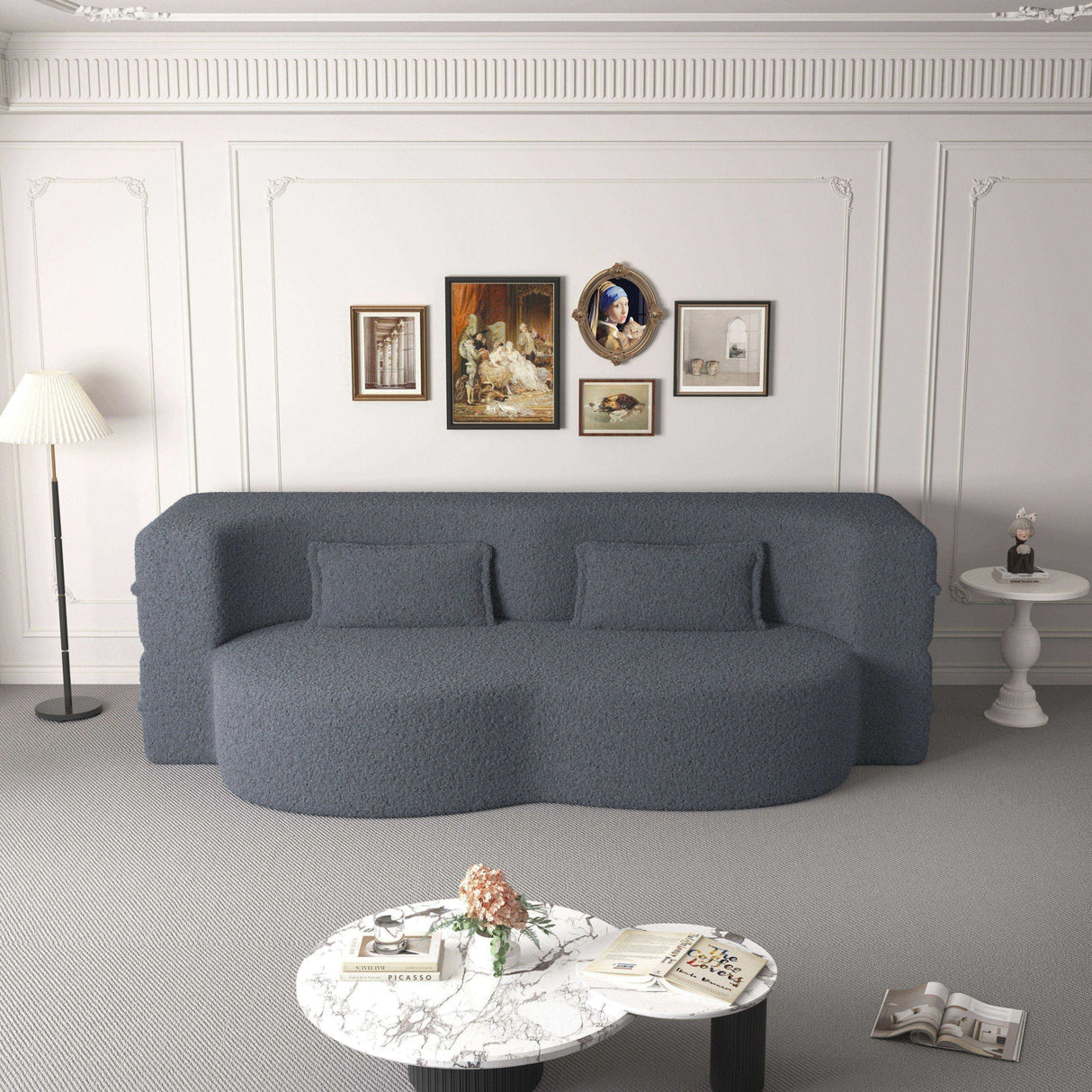Modern Floor Sofa with 2 Pillows, Convertible Teddy Fabric Foam Filled Bed