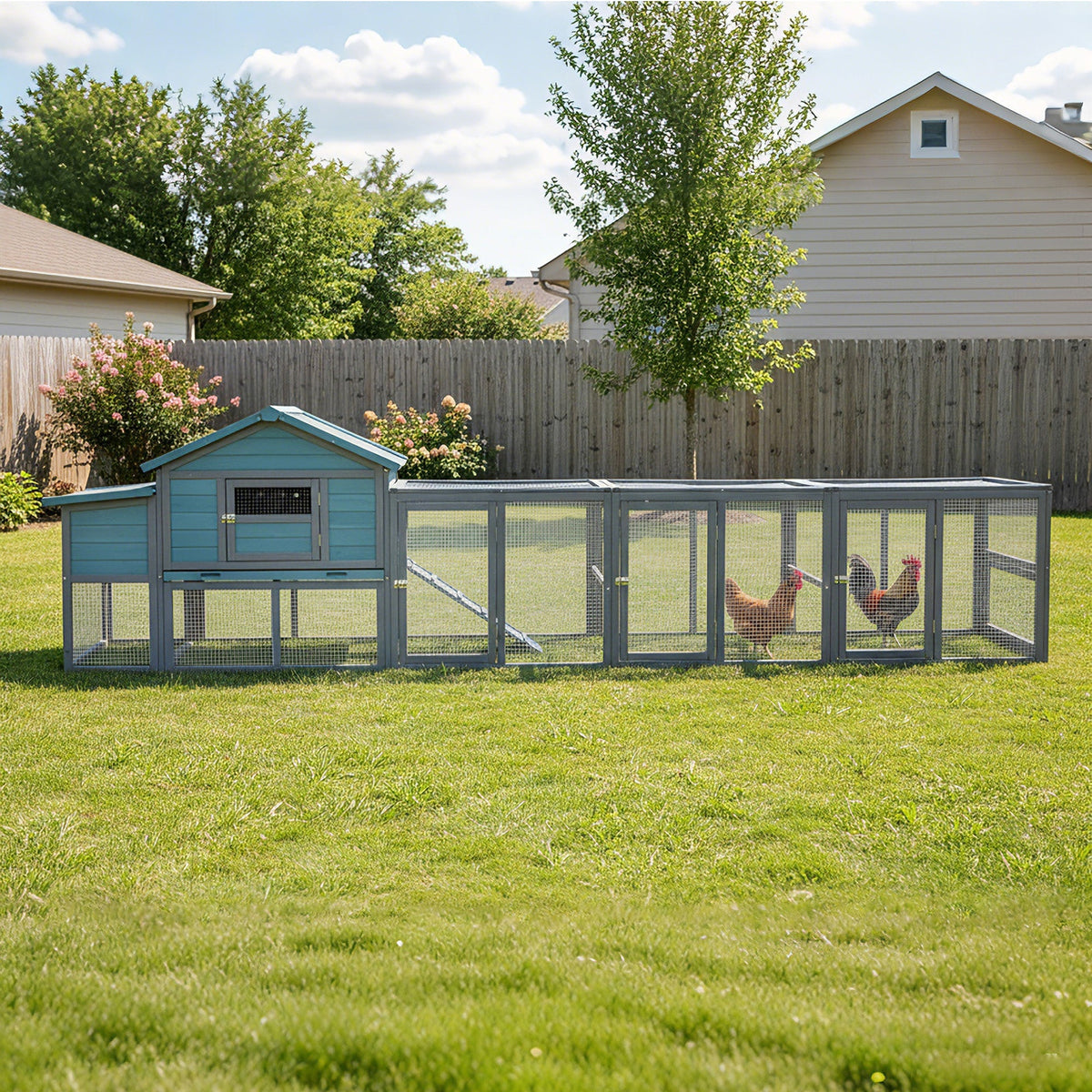 141" Large Wooden Chicken Coop with Nesting Box and Wire Fence - Blue-Gray
