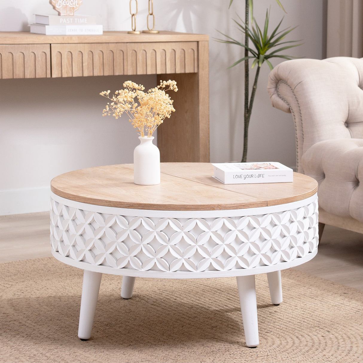 Round Coffee Table with Lift-Top Storage