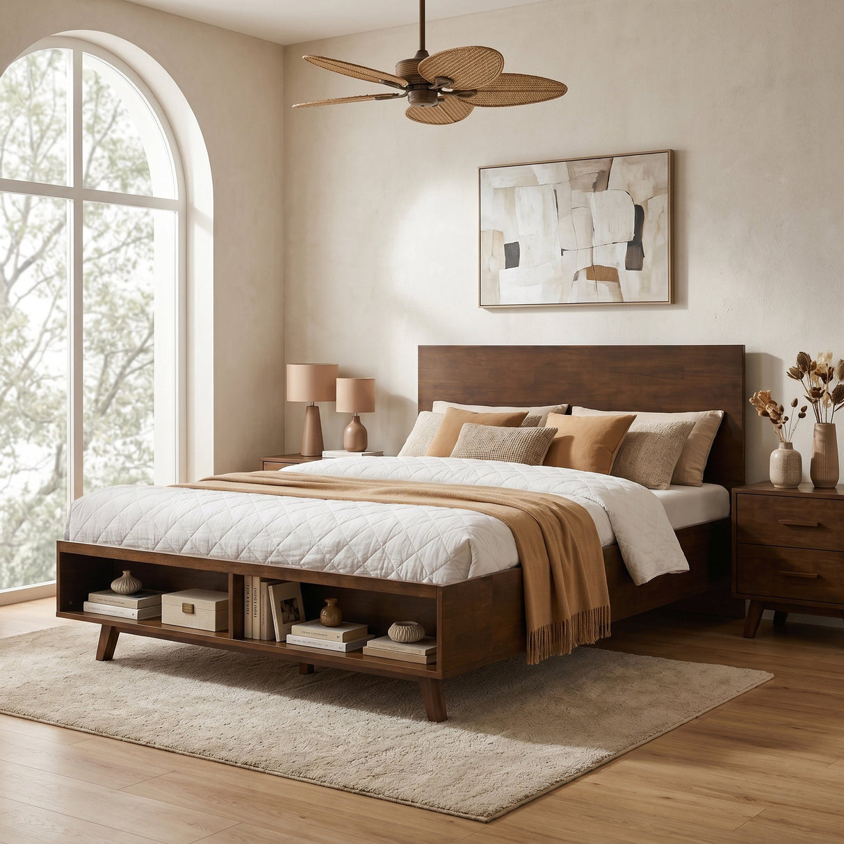 Walnut Queen Size Platform Bed Frame with Footboard Storage