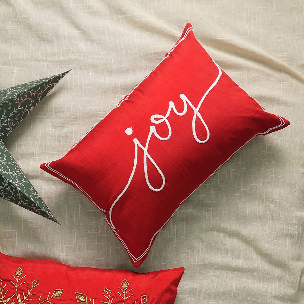 The 'Joy' Embroidered Lumbar Pillow – 24" x 16" Holiday Accent