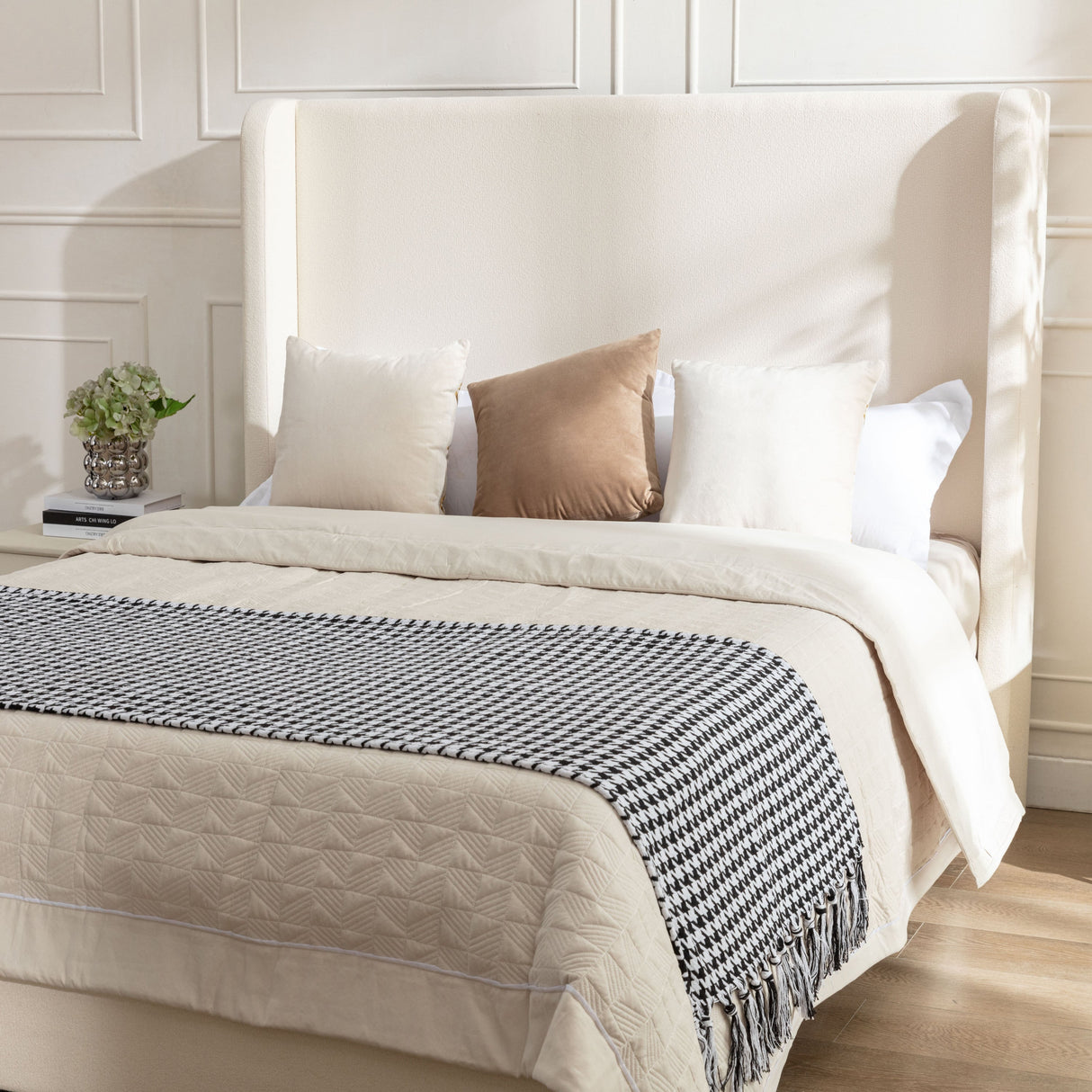 Harper Tall Headboard Upholstered Bed in Ivory Boucle, California King