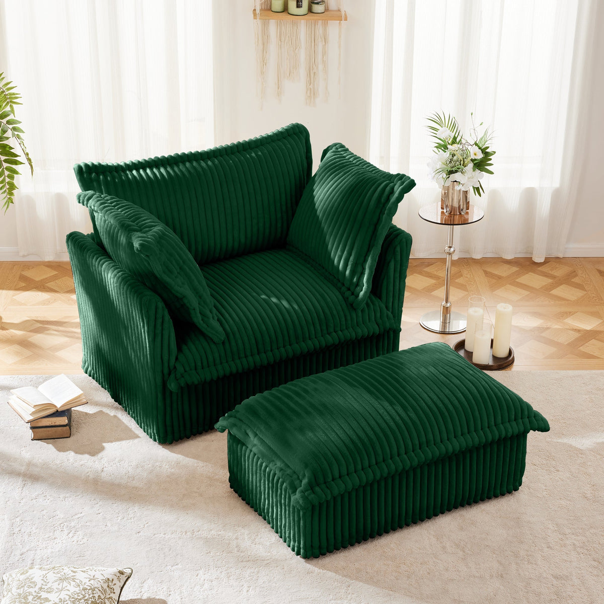 Upholstered Slipcovered Armchair with Ottoman Set (Set of 2)
