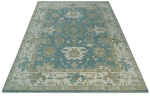 9.2x12.5 Hand Knotted Oriental Oushak Teal, Ivory and Beige Wool Area Rug