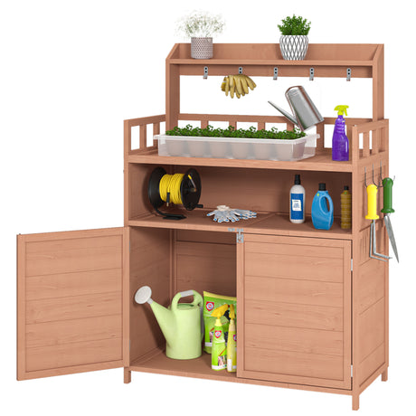 Potting bench outdoor gardening table  with large storage cabinet & top shelf