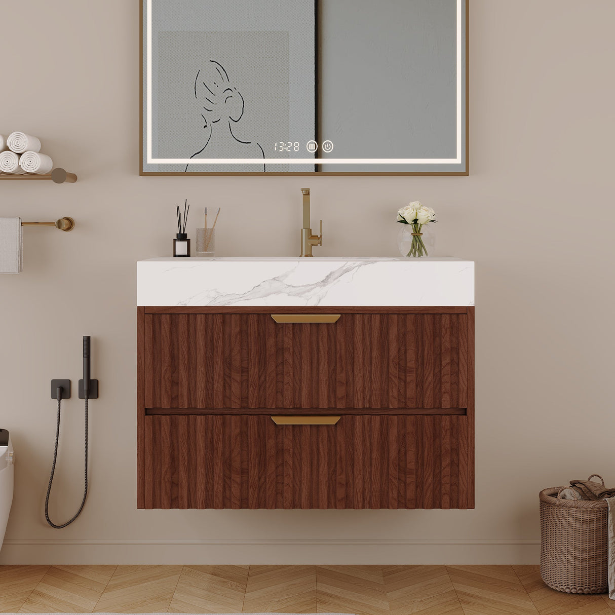 30" Modern Floating Bathroom Vanity with Seamless Sintered Stone Top & Ceramic Basin – 2 Soft-Close Drawers, Wall-Mounted