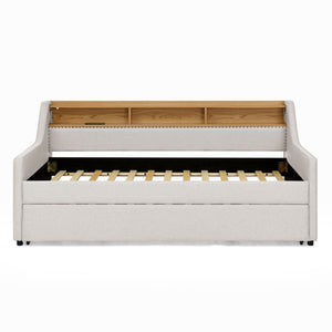 Upholstered Sofa Bed With LED Lights, Storage Headboard, Foldable Trundle & Wireless Charging