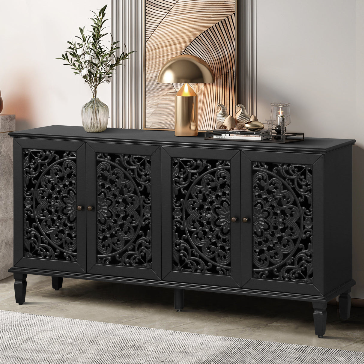 60" Antique Buffet Cabinet with Floral Carvings