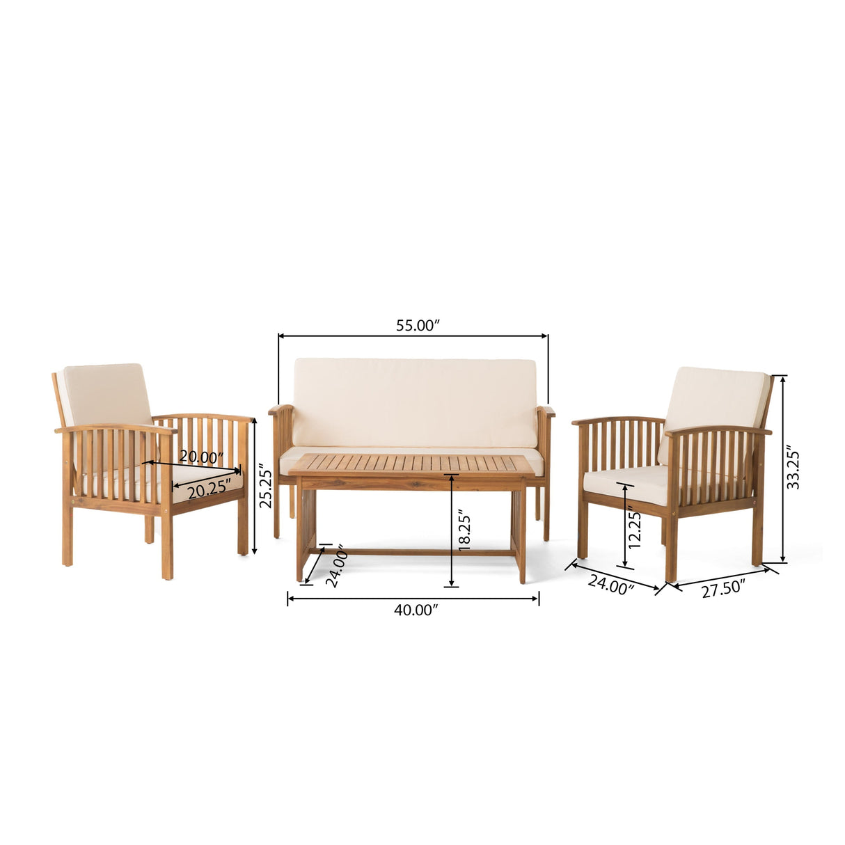 Acacia Wood Outdoor Chat Set with Water-Resistant Cushions, 4PC