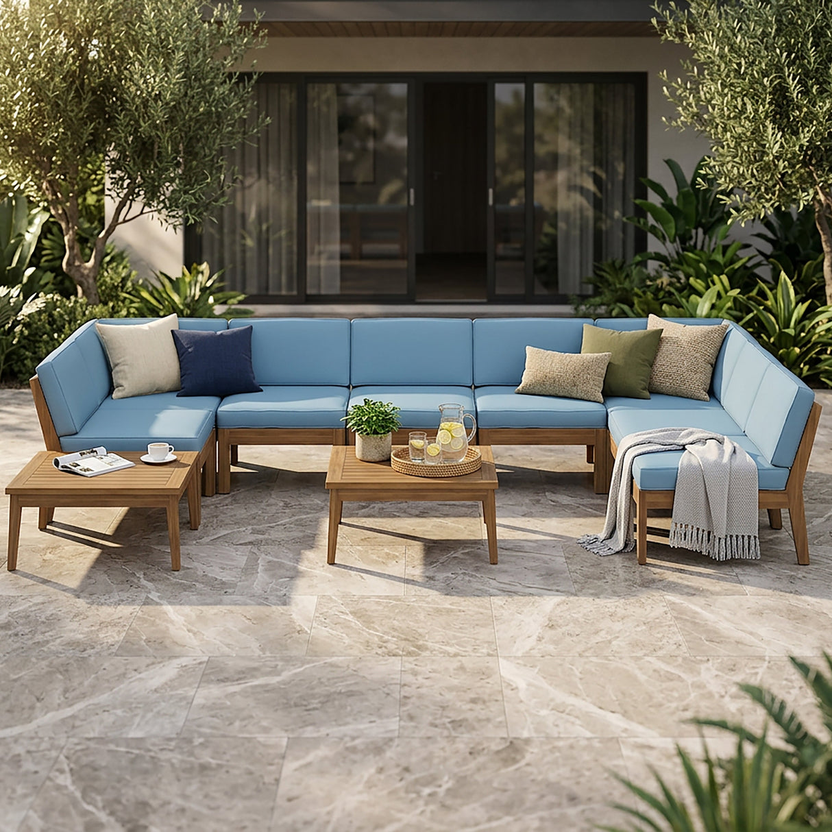 Grenada 8 Seater Acacia Wood Sectional Sofa Set, Teak + Blue