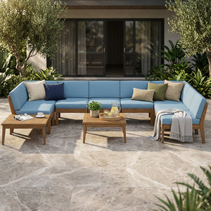 Grenada 8 Seater Acacia Wood Sectional Sofa Set, Teak + Blue