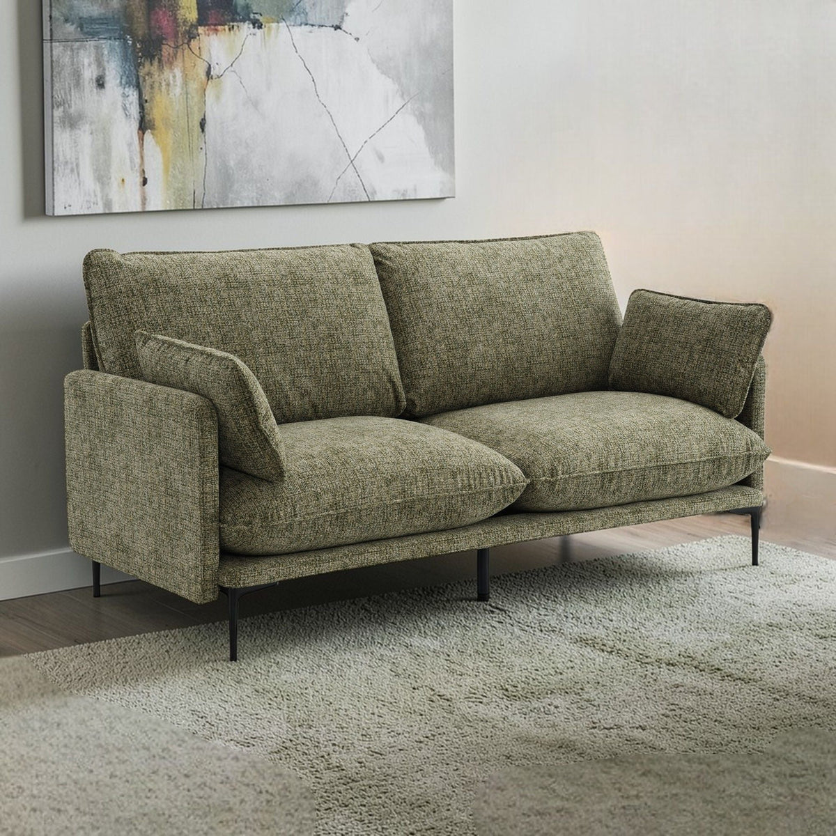 Green Stationary Sofa with Tufted Cushions and Metal Legs