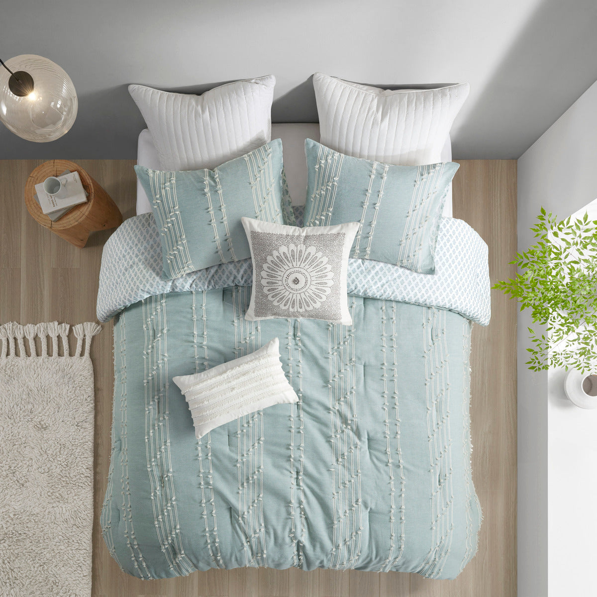 3 Piece Cotton Jacquard Comforter Set Aqua Full/Queen