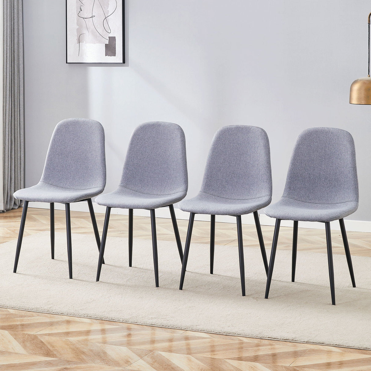 Luxury Simple Chair Linen Cotton High Resilience Dining Chair With Black Metal Legs (Set of 4) - Light Gray