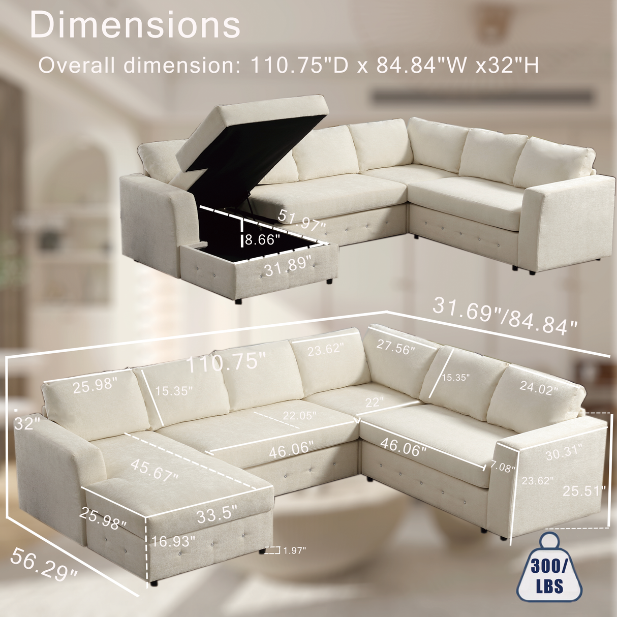 110.75" Sectional Sofa with Chaise Storage