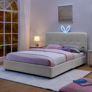 Upholstered Bed With Oversized Rabbit Ear Headboard, LED Lights & 4 Storage Drawers