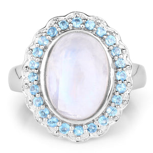 7.21 Carat Genuine White Rainbow Moonstone & Swiss Blue Topaz .925 Sterling Silver Ring