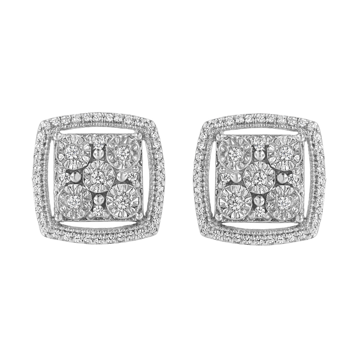 .925 Sterling Silver 3/8 Cttw Miracle Set Round Diamond Double Halo Cluster Earrings (I-J Color, I2-I3 Clarity)