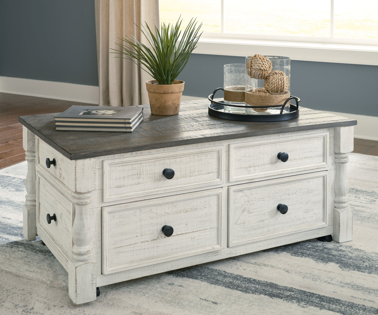 Havalance - Lift Top Cocktail Table with Storage Drawers - White / Gray