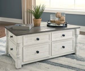 Havalance - Lift Top Cocktail Table with Storage Drawers - White / Gray