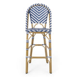 29.5" outdoor pe rattan french barstool, navy blue and white, aluminum frame with bamboo finish (set of 2)