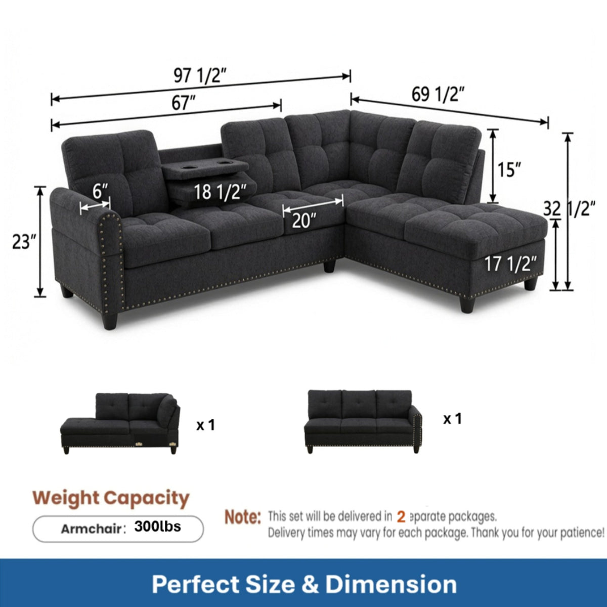 L-Shaped Sectional Sofa - 69.5" x 97.5"