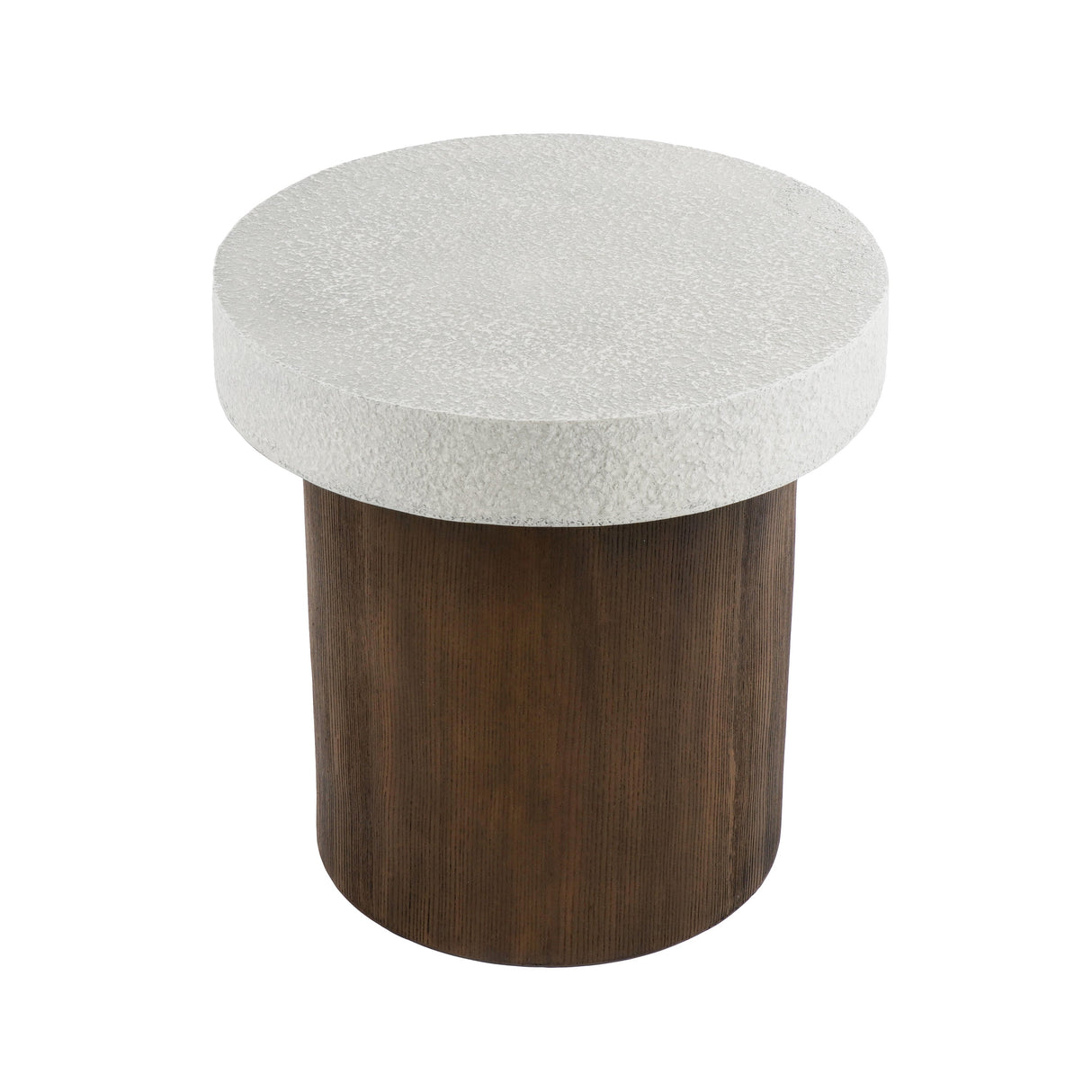 Cylindrical Side Table with Antique White Faux Stone Top and Natural Wood Base