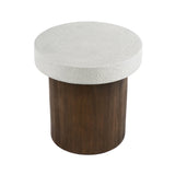 Cylindrical Side Table with Antique White Faux Stone Top and Natural Wood Base