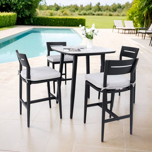 Modern Outdoor Patio Bar Set, Rounded Square Table & Bar Chairs, Non Rust Frame, Tapered Legs, Sunbrella Cushion
