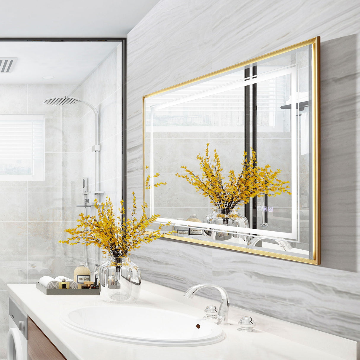 LED Bathroom Beveled Mirror, 3000 - 6000K Gradient Front And Backlit LED Mirror For Bathroom, 3 Colors Dimmable, Ip54 Enhanced Anti Fog
