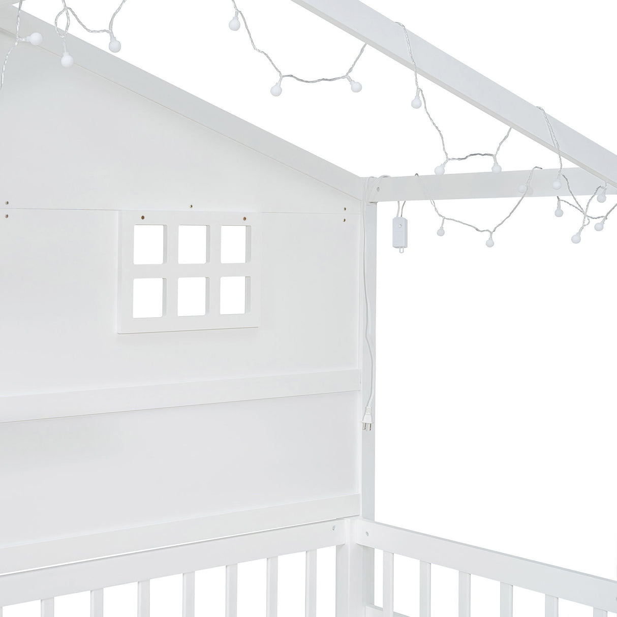 House Bed With Shelves, Window And Sparkling Light Strip On The Roof