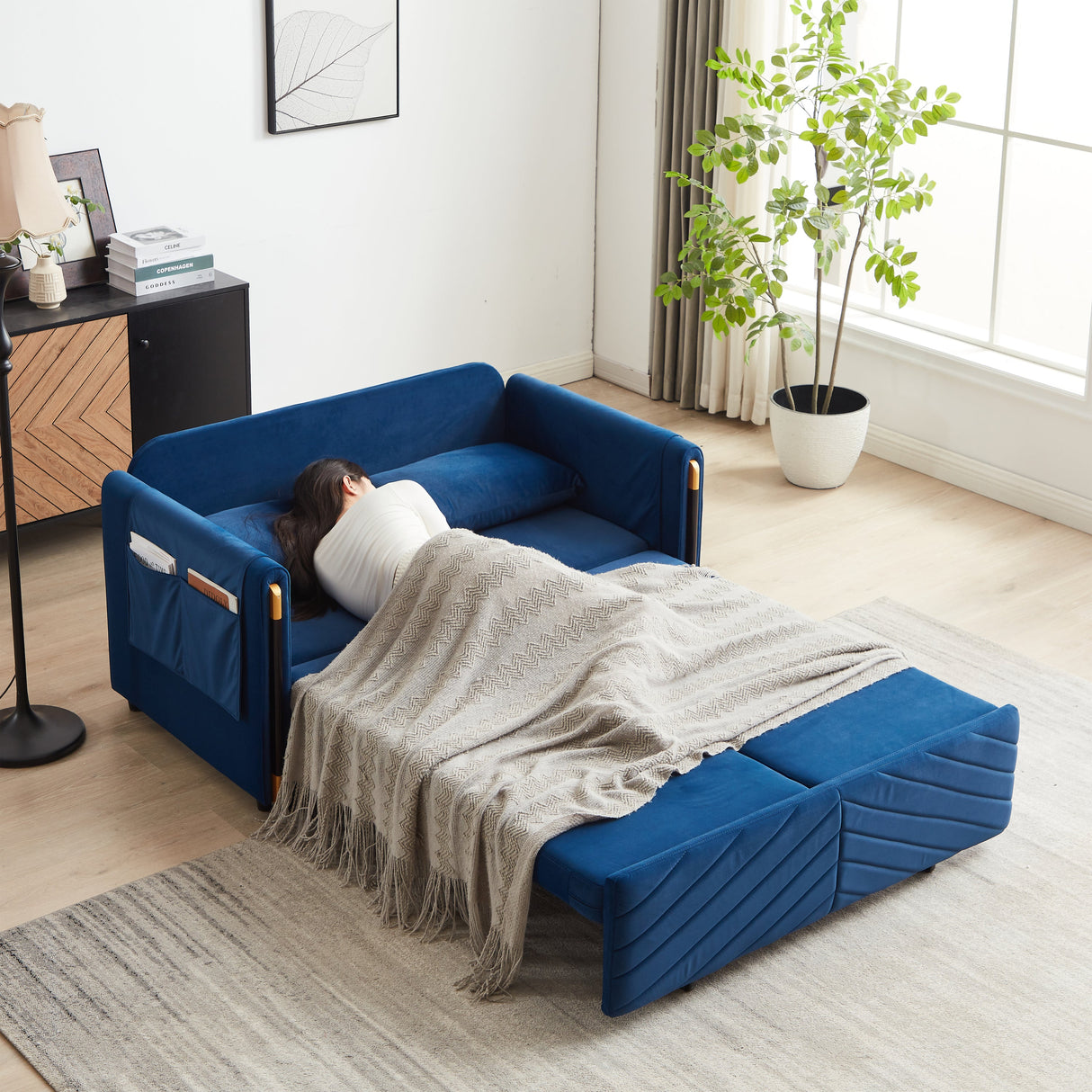 Convertible Velvet Loveseat Sleeper with Arm Storage and Adjustable Back