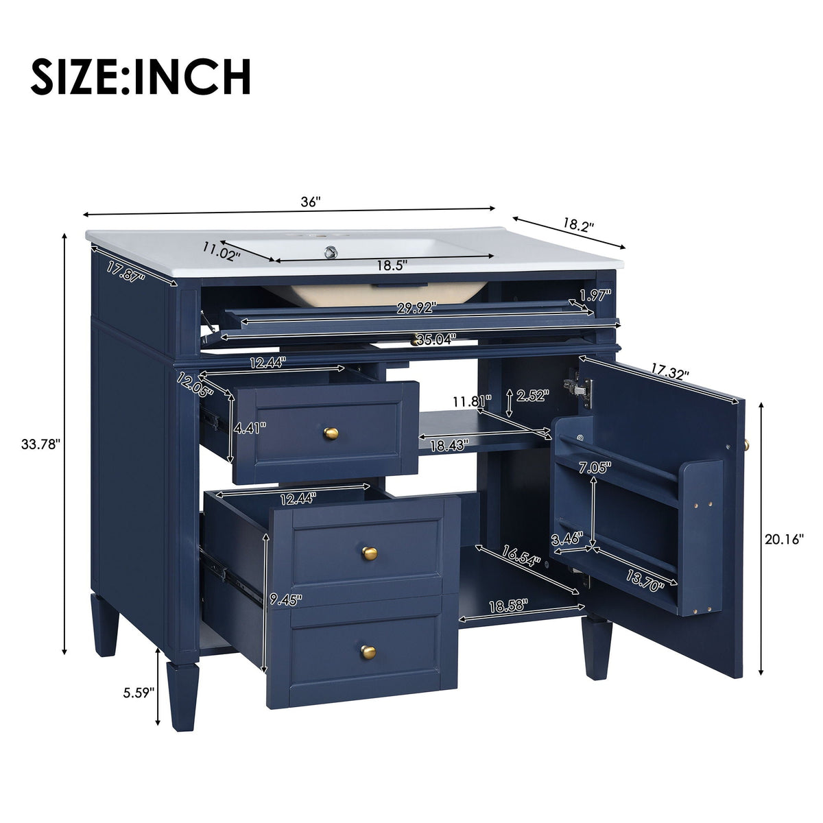 Bathroom Vanity With Top Sink, Modern Bathroom Storage Cabinet, 2 Drawers And A Tip-Out Drawer, Single Sink Bathroom Vanity - Blue