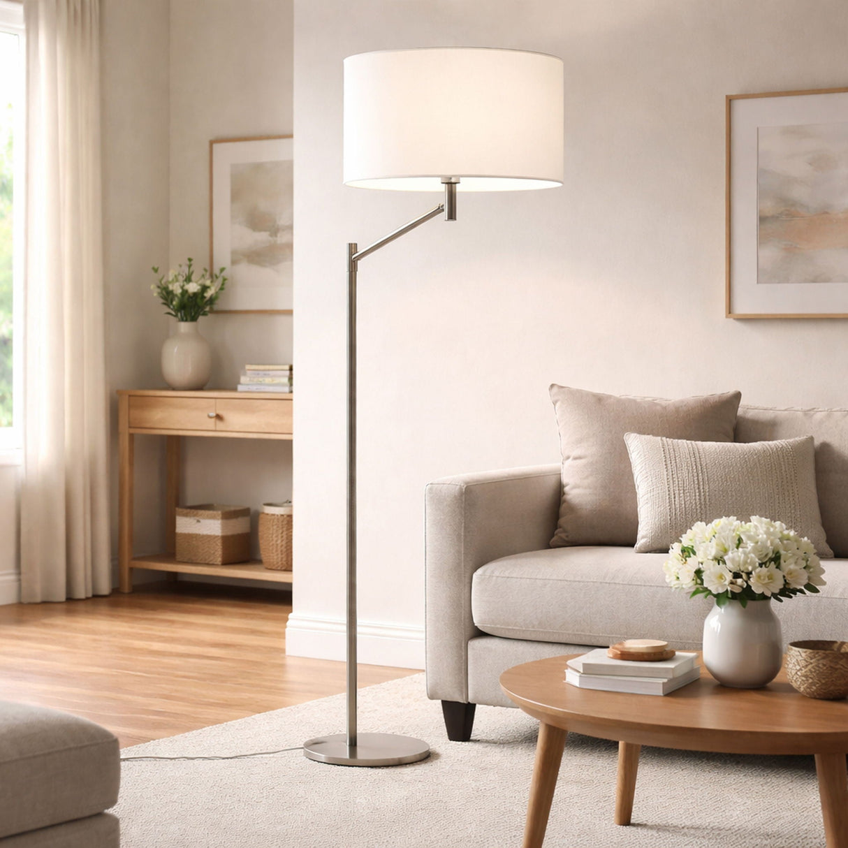 Horizon - Table Lamp With On / Off Switch Curved Base Linen Shade - Brushed Nickel / Silver / White