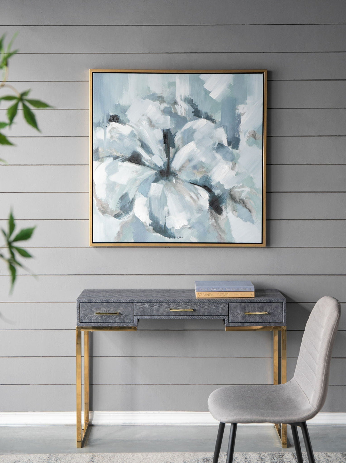 Large Modern Flower Oil Painting Square Frame Wall Art - Blue / Gray