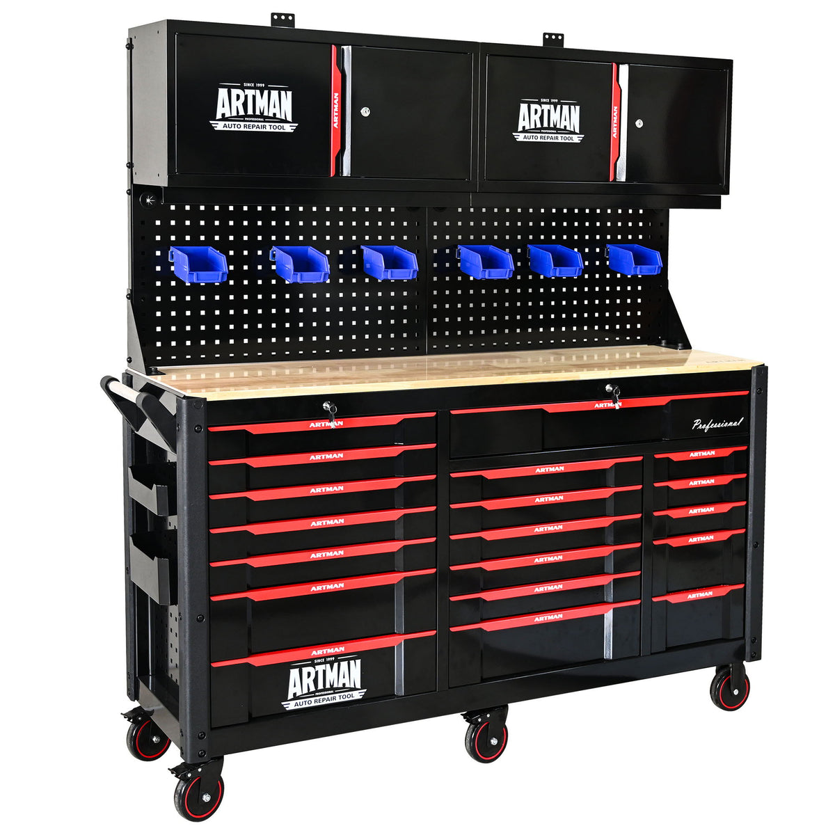 Heavy Duty Tool Cart With 19 Drawers, Tools Not Included, Mobile Storage For Workshop Or Laboratory - Black / Red