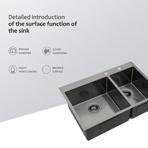 Double Bowl Drop In Sink With 2 - 9" Deep Basins - Gunmetal Black