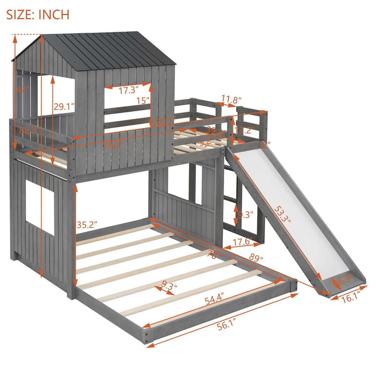 Loft Bunk Bed With Playhouse, Farmhouse, Ladder, Slide And Guardrails